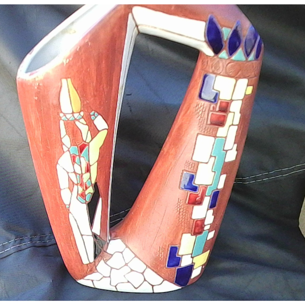 Vintage Signed Hand Painted Keramos Mid-Century Vase Israel Art Pottery